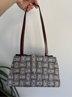 Textured Navy, White & Tan Woven Shoulder Bag with Brown Leather Straps